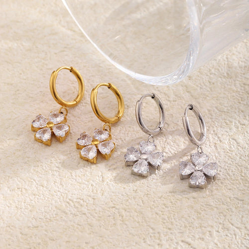 Four-Leaf Heart Crystal Hoop Drop Earrings - SEIYI
