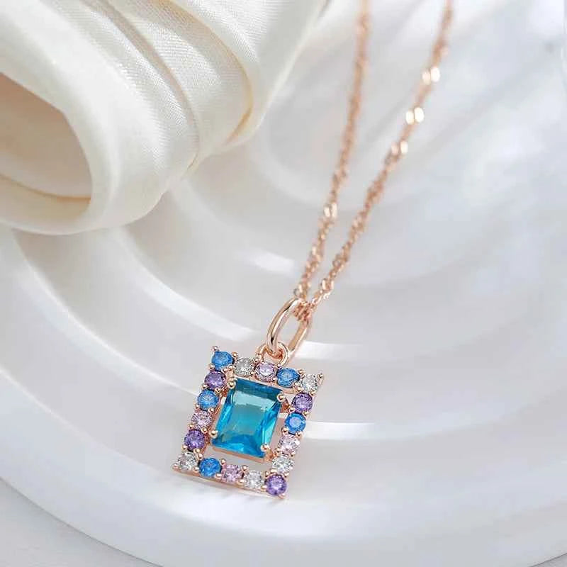 Rose Gold Multi-Color Square Zircon Pendant Necklace
