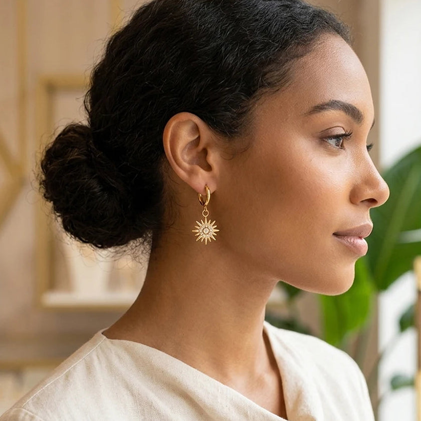 Sunburst Crystal Drop Huggie Hoop Earrings - SEIYI