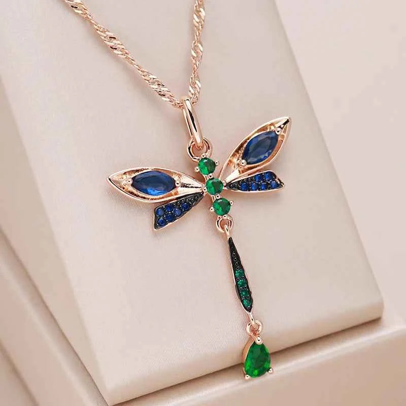 Rose Gold Dragonfly Multicolor Zircon Necklace