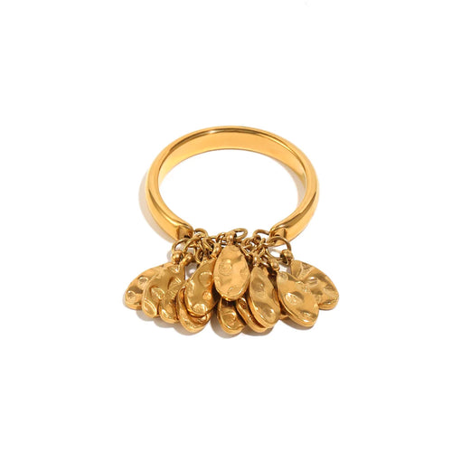 Hammered teardrop fringe statement ring in gold, close-up of cascading charm detail, white background
