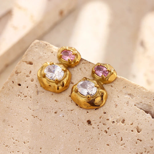 Dual Oval CZ Hammered Gold Stud Earrings - SEIYI