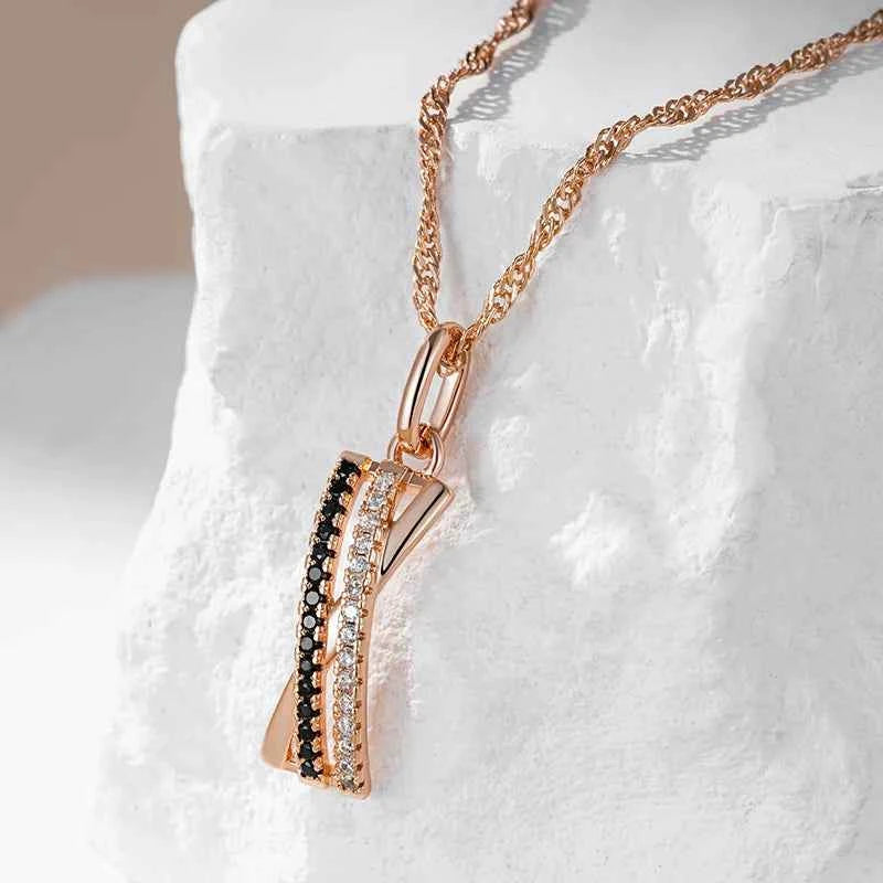 Rose Gold Black & White Zircon Crisscross Pendant Necklace