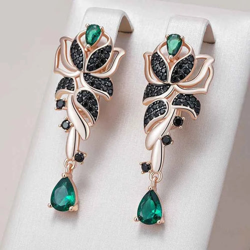 Rose Gold Green & Black Zircon Floral Drop Earrings