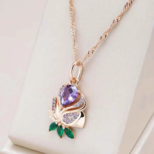 Rose Gold Purple & Green Floral Zircon Pendant Necklace