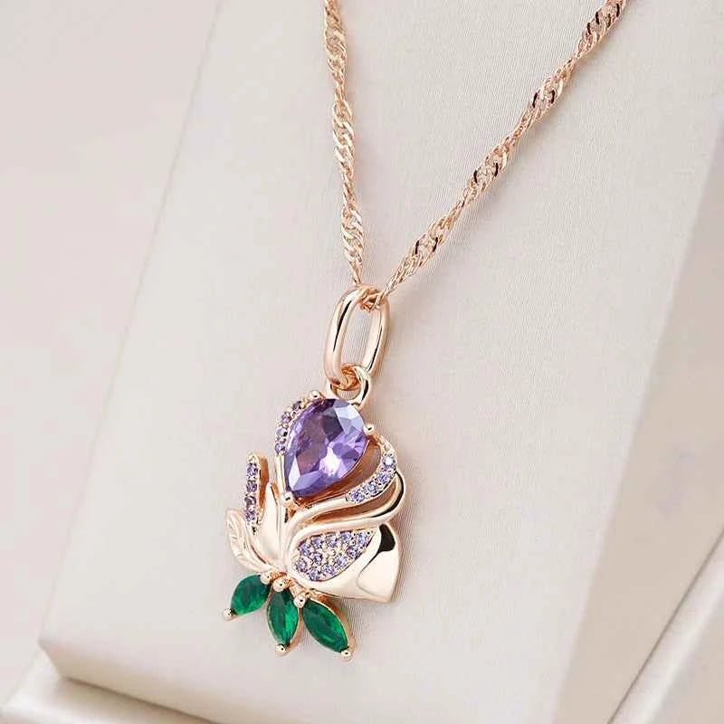 Rose Gold Purple & Green Floral Zircon Pendant Necklace