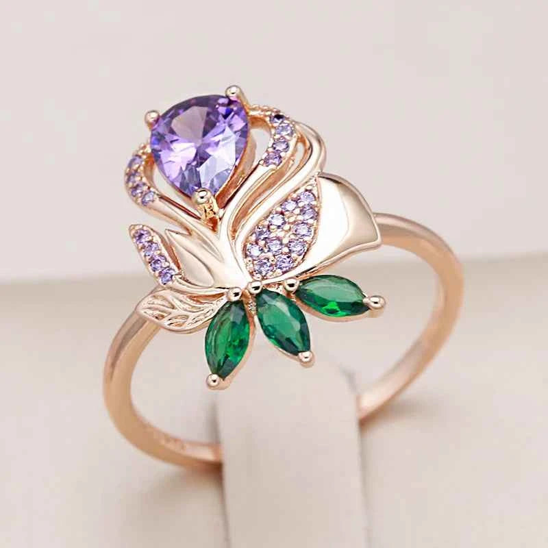 Purple Zircon Rose & Leaf Statement Ring