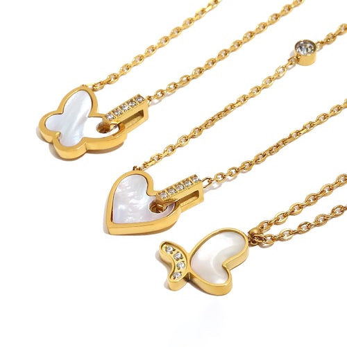 Shell Inlay Zircon Heart Butterfly Pendant Necklace - SEIYI