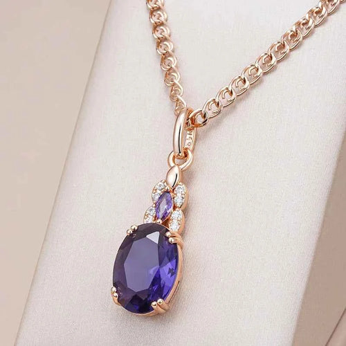 Shiny Purple Oval Gemstone Pendant Necklace