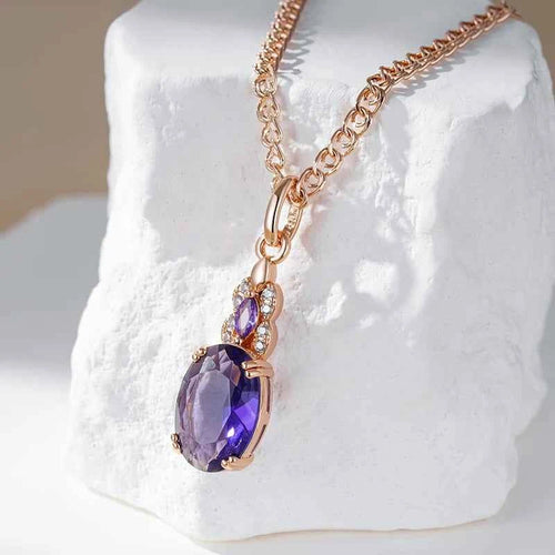 Shiny Purple Oval Gemstone Pendant Necklace