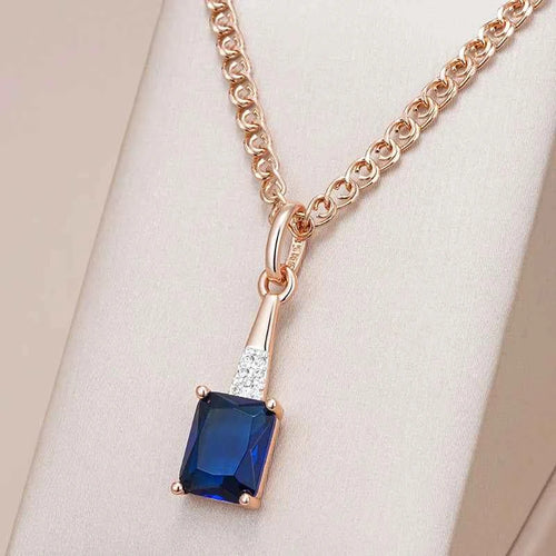 Shiny Square Blue Gemstone Pendant Rose Gold Color Necklace