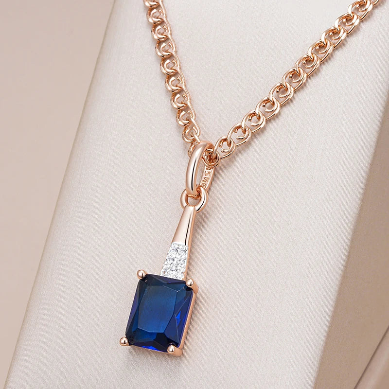 Shiny Square Blue Gemstone Pendant Rose Gold Color Necklace
