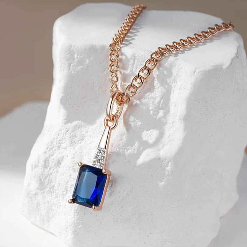 Shiny Square Blue Gemstone Pendant Rose Gold Color Necklace