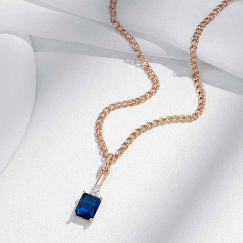 Shiny Square Blue Gemstone Pendant Rose Gold Color Necklace