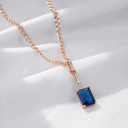 Shiny Square Blue Gemstone Pendant Rose Gold Color Necklace