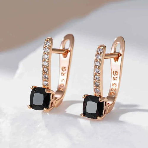 Square Rose Gold Black Gemstone Drop Earrings