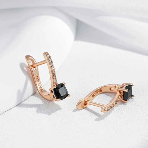 Square Rose Gold Black Gemstone Drop Earrings