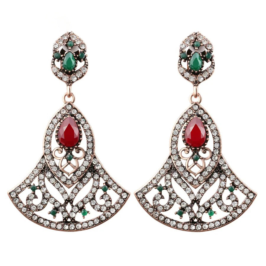 Turkish Style Antique Gold Fan-Shaped Colorful Crystal Long Earrings