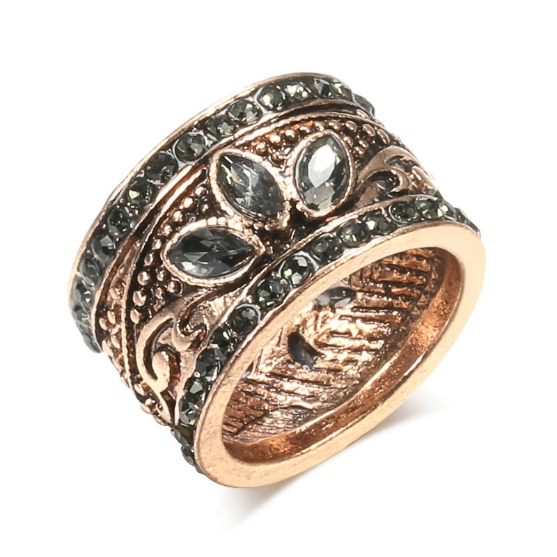 Unique Vintage Antique Gold Color Boho Gray Crystal Flower Ring