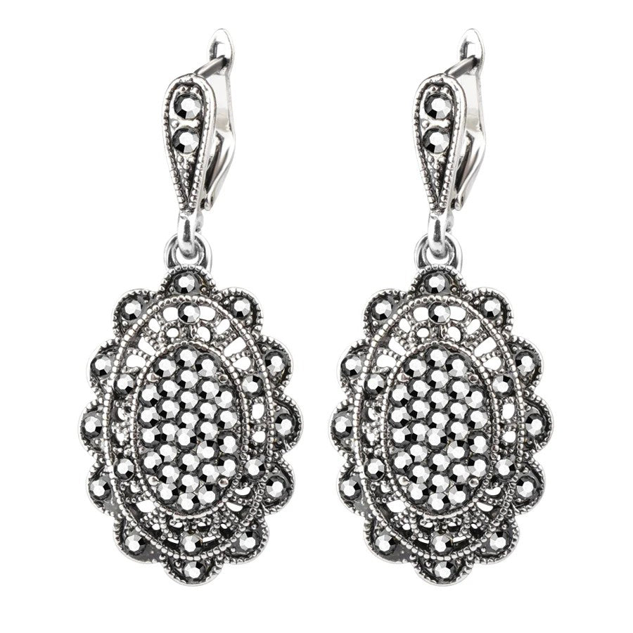 Vintage Gray Crystal  Hollow Petals Drop Earrings