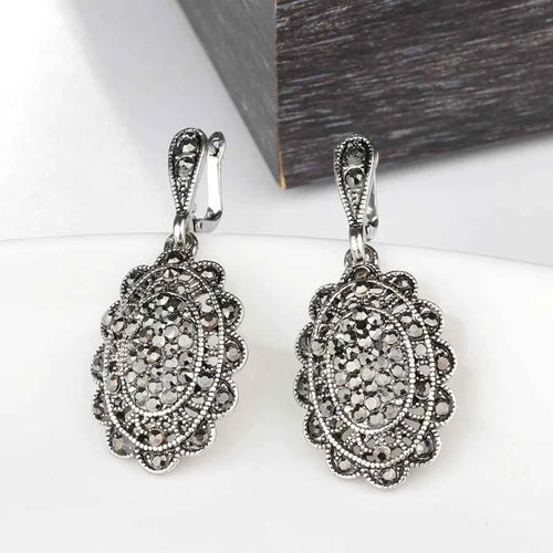 Vintage Gray Crystal  Hollow Petals Drop Earrings