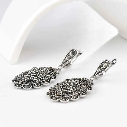 Vintage Gray Crystal  Hollow Petals Drop Earrings