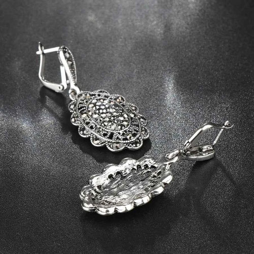 Vintage Gray Crystal  Hollow Petals Drop Earrings