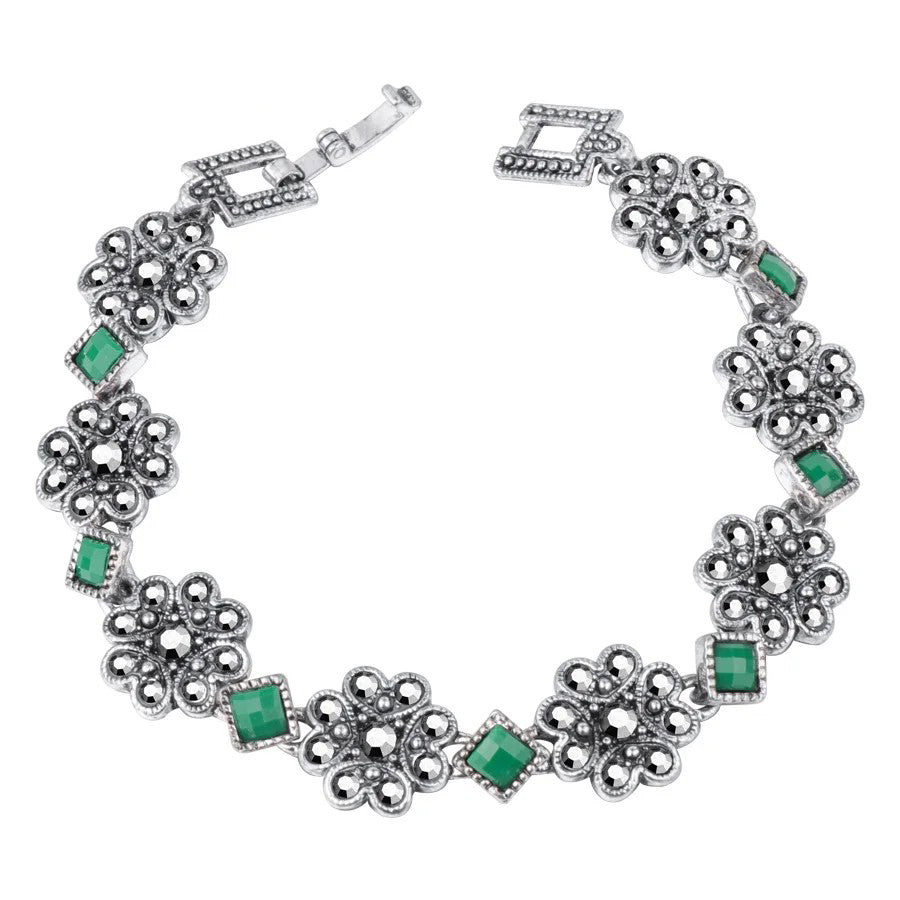 Vintage Silver Color Green Gemstone Lucky Flower Bracelet