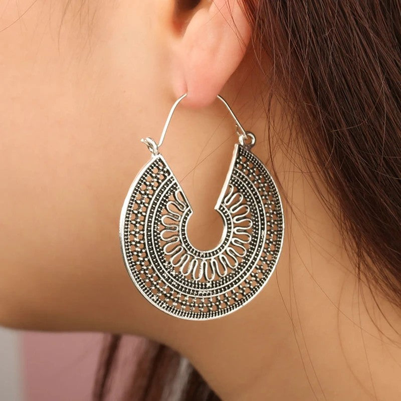 Ancient Tibetan Vintage Hollow Carving Flower Ornate Drop Earring