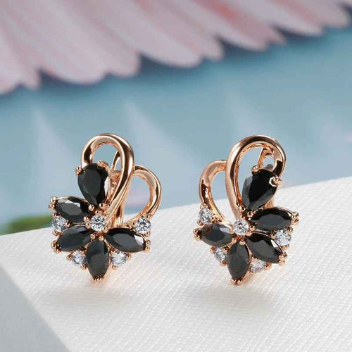 Black Gemstone Rose Gold Earrings Ring Jewelry Set