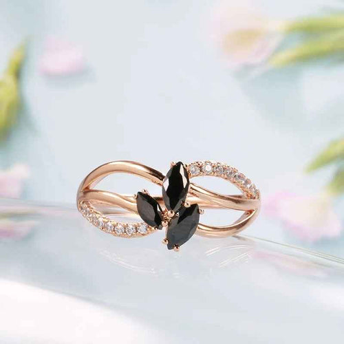 Black Gemstone Rose Gold Earrings Ring Jewelry Set