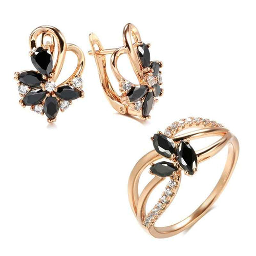 Black Gemstone Rose Gold Earrings Ring Jewelry Set