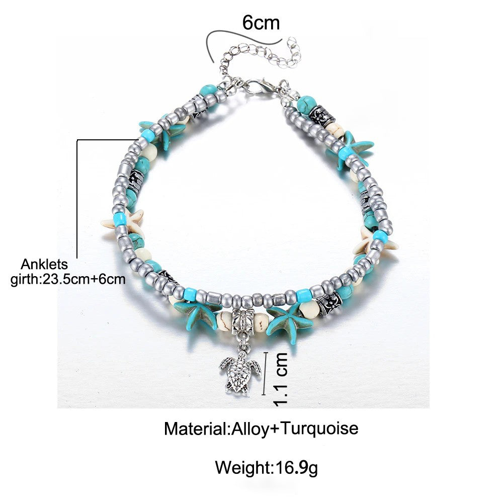 Bohemia Blue Starfish Turtle Beaded Anklet Women Girl Beach Foot Jewelry