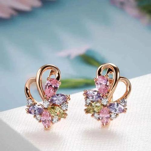 Colorful Natural Zircon Rose Gold Color Flower Earrings Rings For Women