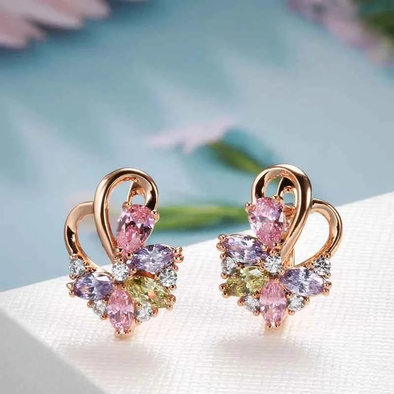 Colorful Natural Zircon Rose Gold Color Flower Earrings Rings For Women