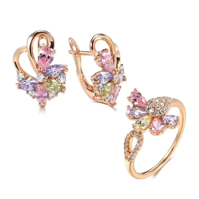 Colorful Natural Zircon Rose Gold Color Flower Earrings Rings For Women