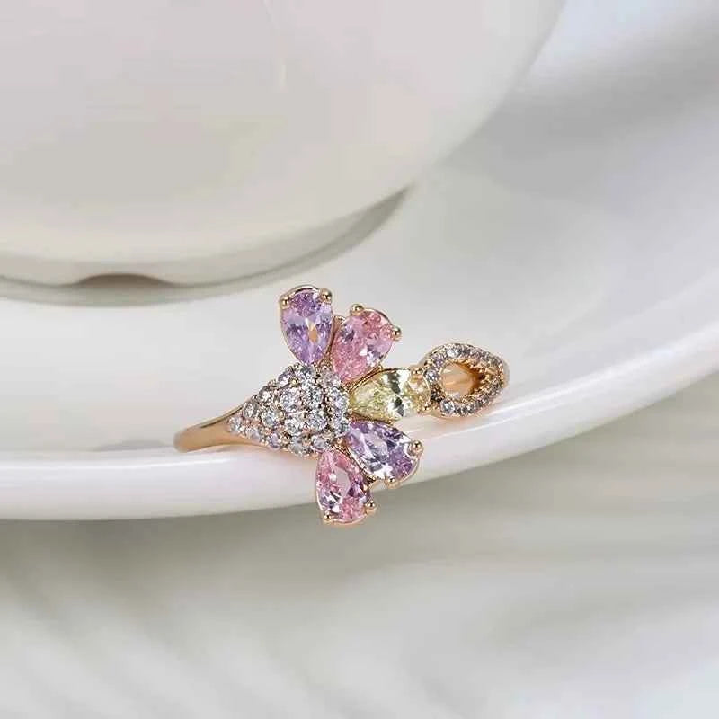 Colorful Natural Zircon Rose Gold Color Flower Earrings Rings For Women