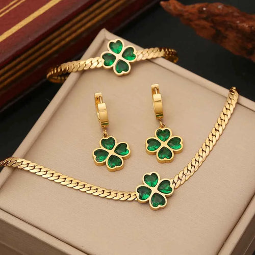 Emerald Four Leaf Clover Necklace Bracelet Stud Earring Jewelry Set