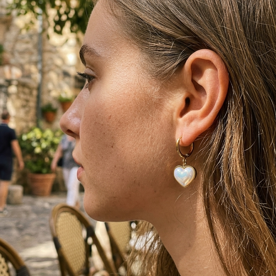 Woman wearing gold iridescent heart drop hoop earrings at outdoor European cafe, side profile with straight brown hair, domed iridescent heart charm visible below ear, stone street and wicker chair in background
