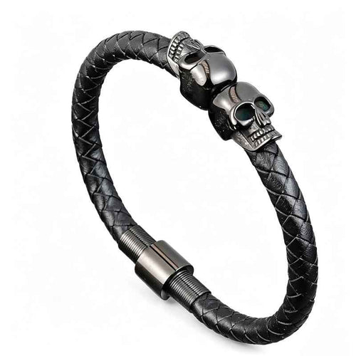 Gothic Double Skull Leather Bracelet
