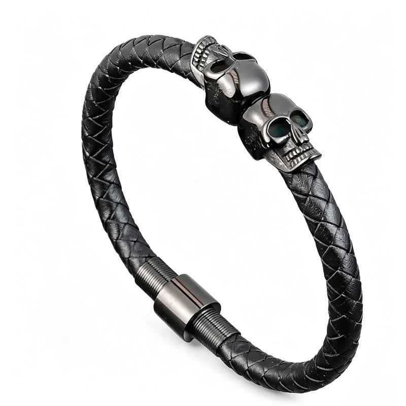 Gothic Double Skull Leather Bracelet