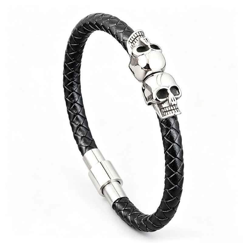 Gothic Double Skull Leather Bracelet