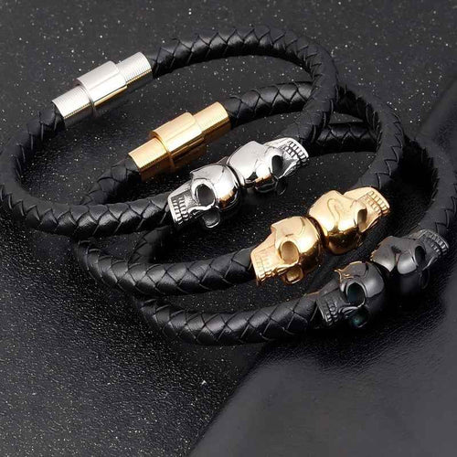 Gothic Double Skull Leather Bracelet