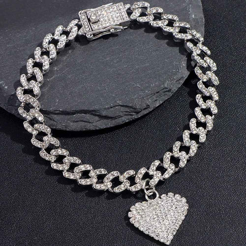 Heart Shaped Pendant Cuban Crystal Chain Anklet Hip Hop Style Anklet