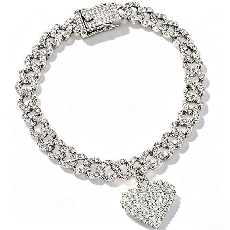 Heart Shaped Pendant Cuban Crystal Chain Anklet Hip Hop Style Anklet