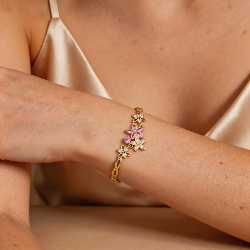Cherry Blossom Pink Crystal Statement Bracelet - SEIYI
