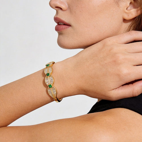 Leaf-Shaped Green Crystal Statement Cuff - SEIYI