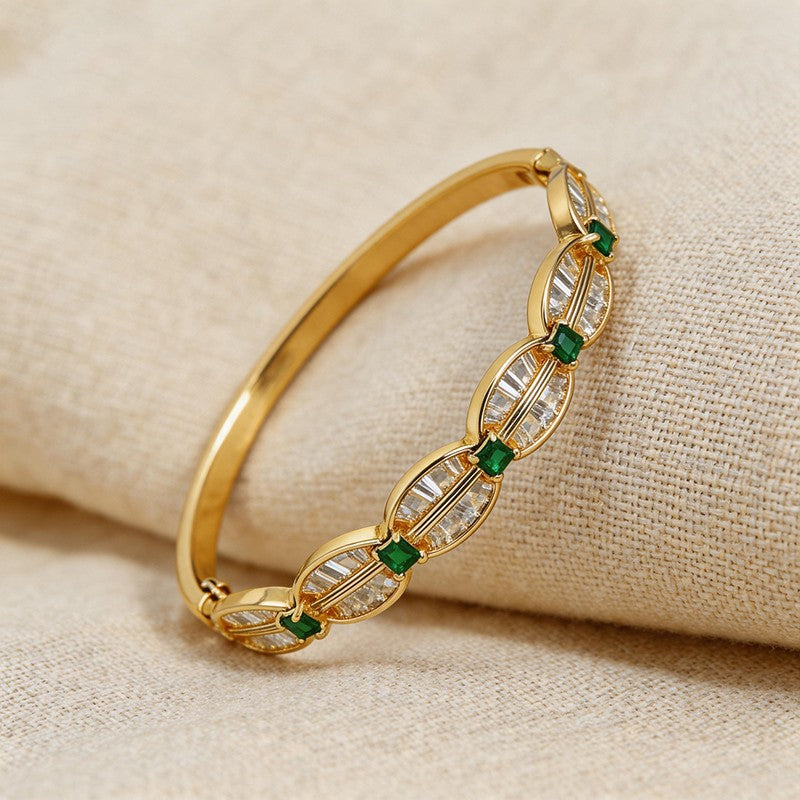 Leaf-Shaped Green Crystal Statement Cuff - SEIYI