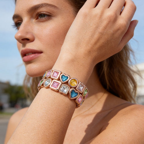 Multicolor Heart & Square Crystal Statement Bangle - SEIYI