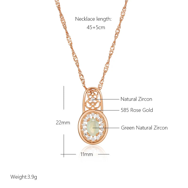 Luxury Natural Zircon Oval Cut Emerald Pendant Necklace With 585 Rose Gold Color Flower Ethnic Wedding Daily Jewelry